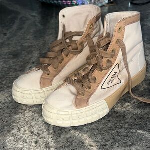 Prada Canvas High-Tops in Cream and Brown